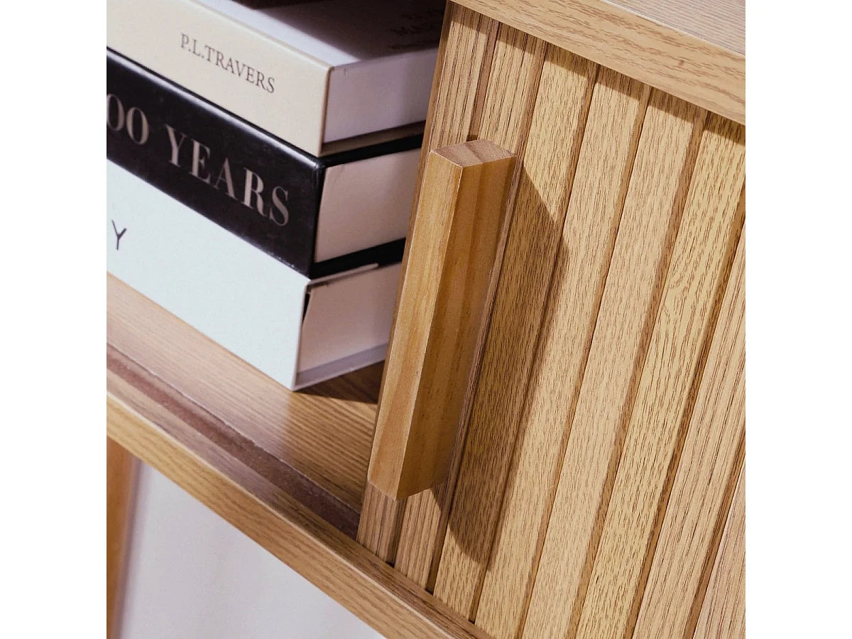 Console Japandi 2 portes coulissantes décor chêne clair et pieds en pin 100 x 81 cm - Ernest