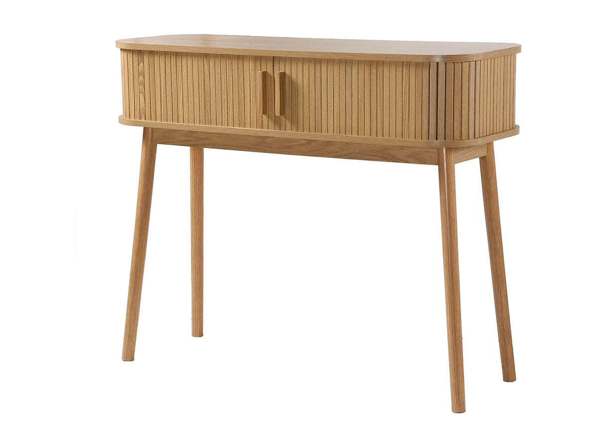 Console Japandi 2 portes coulissantes décor chêne clair et pieds en pin 100 x 81 cm - Ernest
