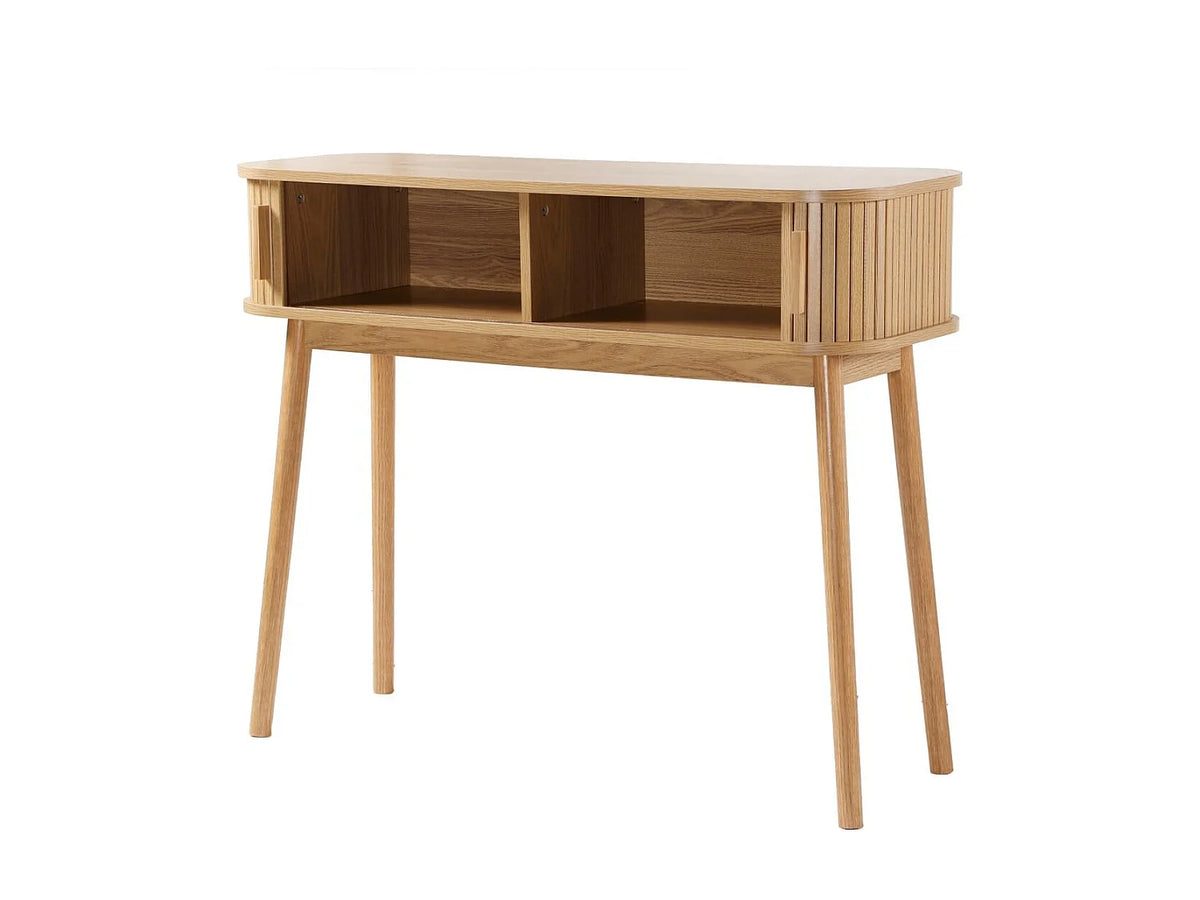Console Japandi 2 portes coulissantes décor chêne clair et pieds en pin 100 x 81 cm - Ernest