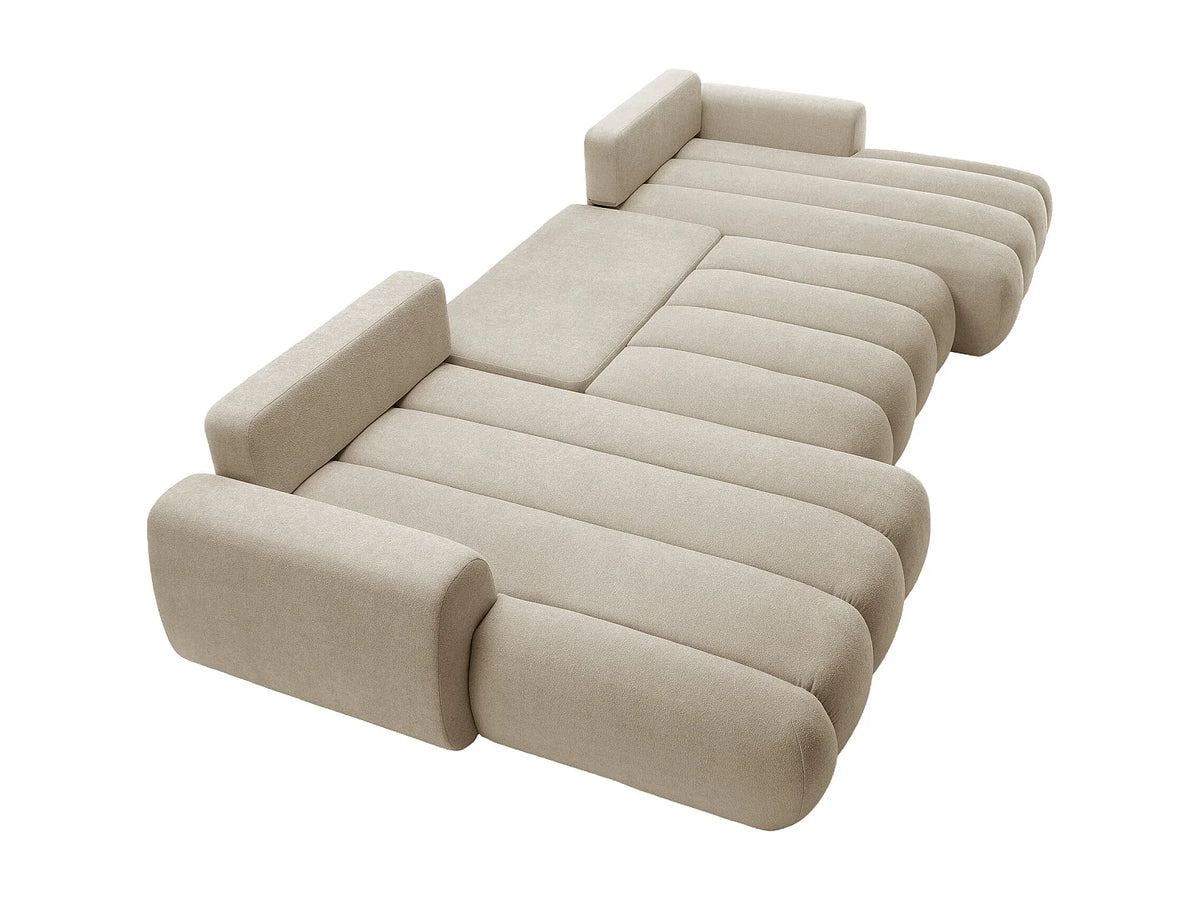 Canapé d'angle Japandi panoramique convertible avec coffre en tissu matelassé beige 364 cm - Fridora