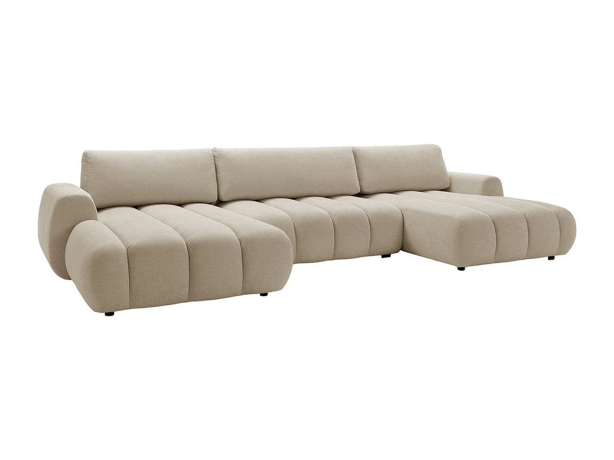 Canapé d'angle Japandi panoramique convertible avec coffre en tissu matelassé beige 364 cm - Fridora