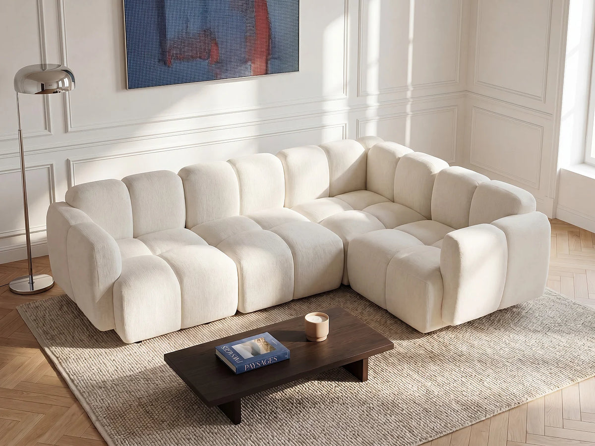 Canapé d'angle Japandi réversible modulable 4 places en tissu texturé blanc cassé 347 cm - Carlivi