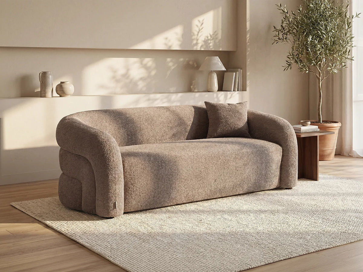 Canapé Japandi 3 places en bouclette taupe 220 cm - Lapiota