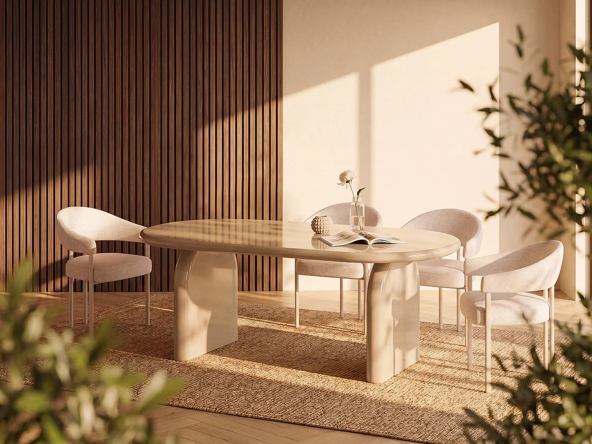 Table à manger ovale Japandi 8 personnes en MDF laqué beige brillant 200 x 100 cm - Felyria
