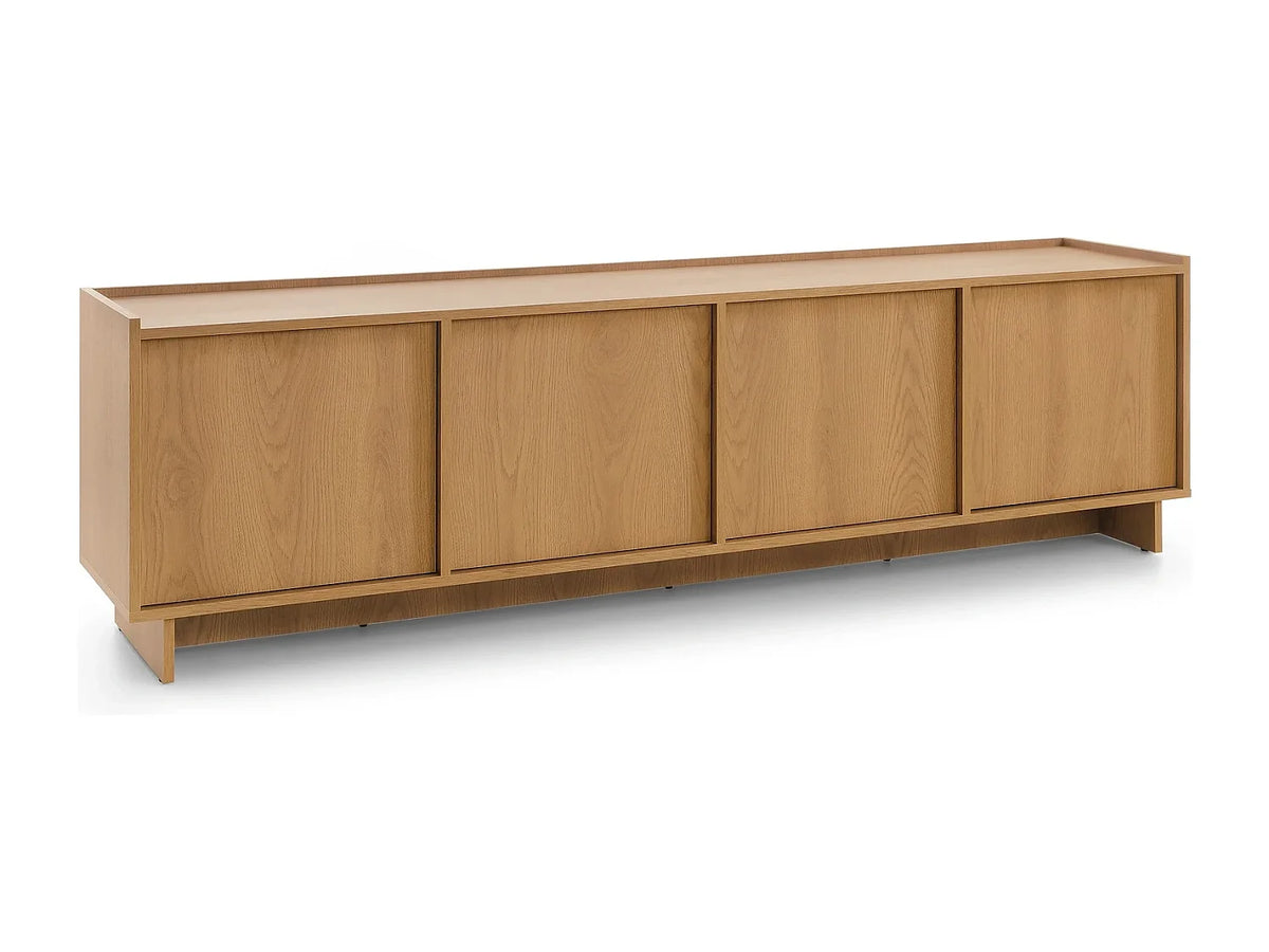 Meuble TV Japandi 4 portes push to open en stratifié chêne caramel 195 x 55 cm - Suna