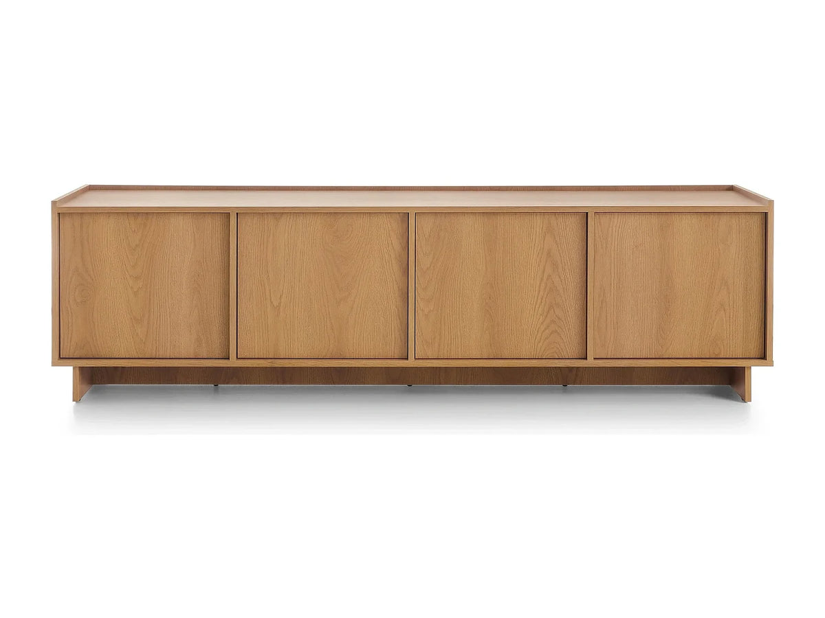 Meuble TV Japandi 4 portes push to open en stratifié chêne caramel 195 x 55 cm - Suna