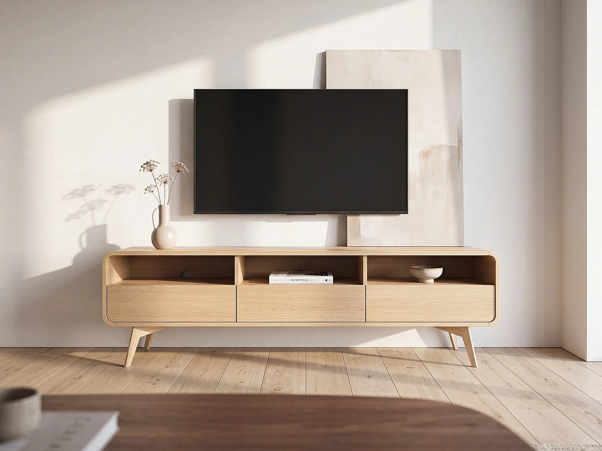 Meuble TV Japandi 3 tiroirs et 3 niches mélaminé naturel 180 x 53 cm - Jalemo
