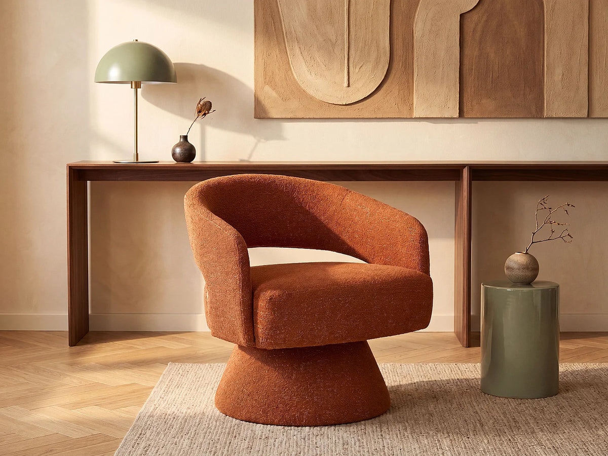 Fauteuil Japandi pivotant en tissu chenille terracotta - Fedote