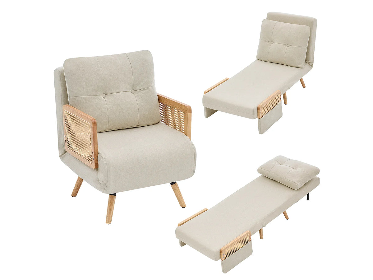 Fauteuil Japandi convertible 3 en 1 en bois massif et lin beige