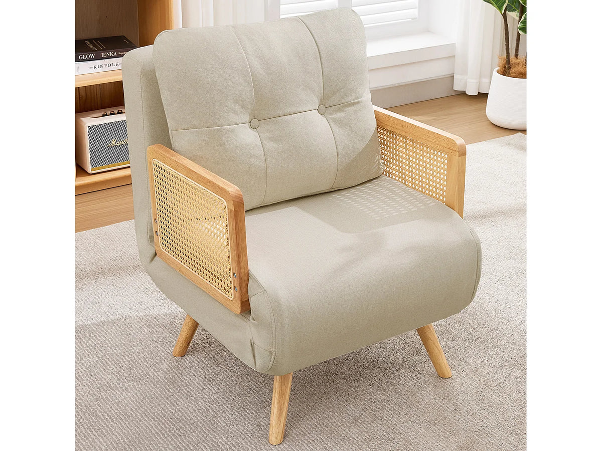 Fauteuil Japandi convertible 3 en 1 en bois massif et lin beige