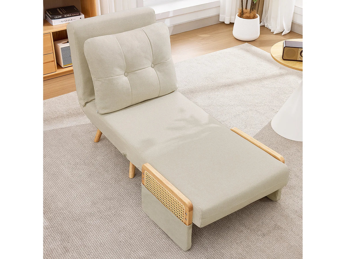 Fauteuil Japandi convertible 3 en 1 en bois massif et lin beige
