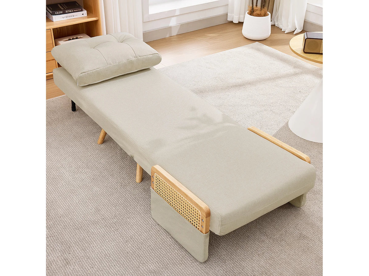 Fauteuil Japandi convertible 3 en 1 en bois massif et lin beige