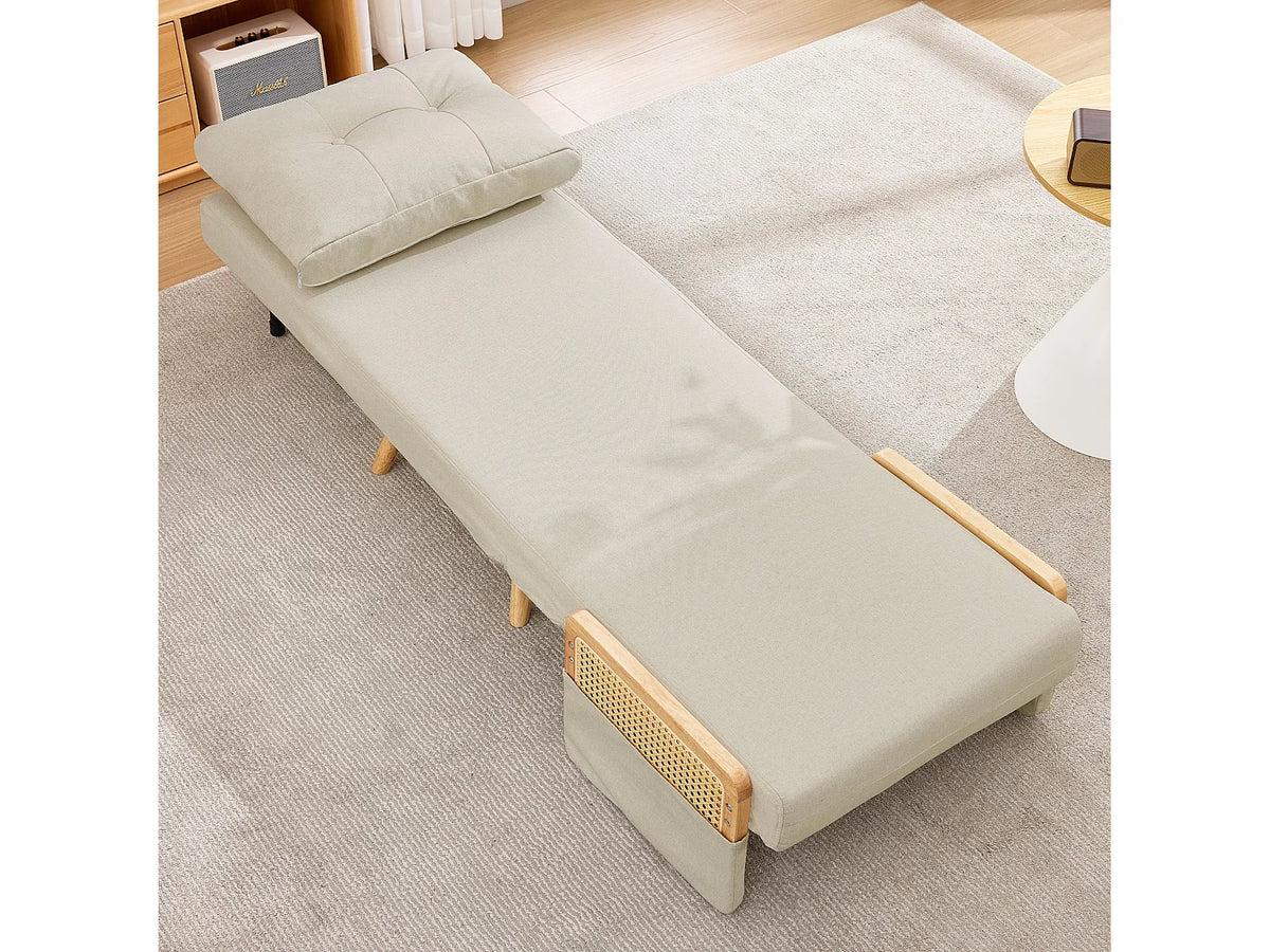 Fauteuil Japandi convertible 3 en 1 en bois massif et lin beige