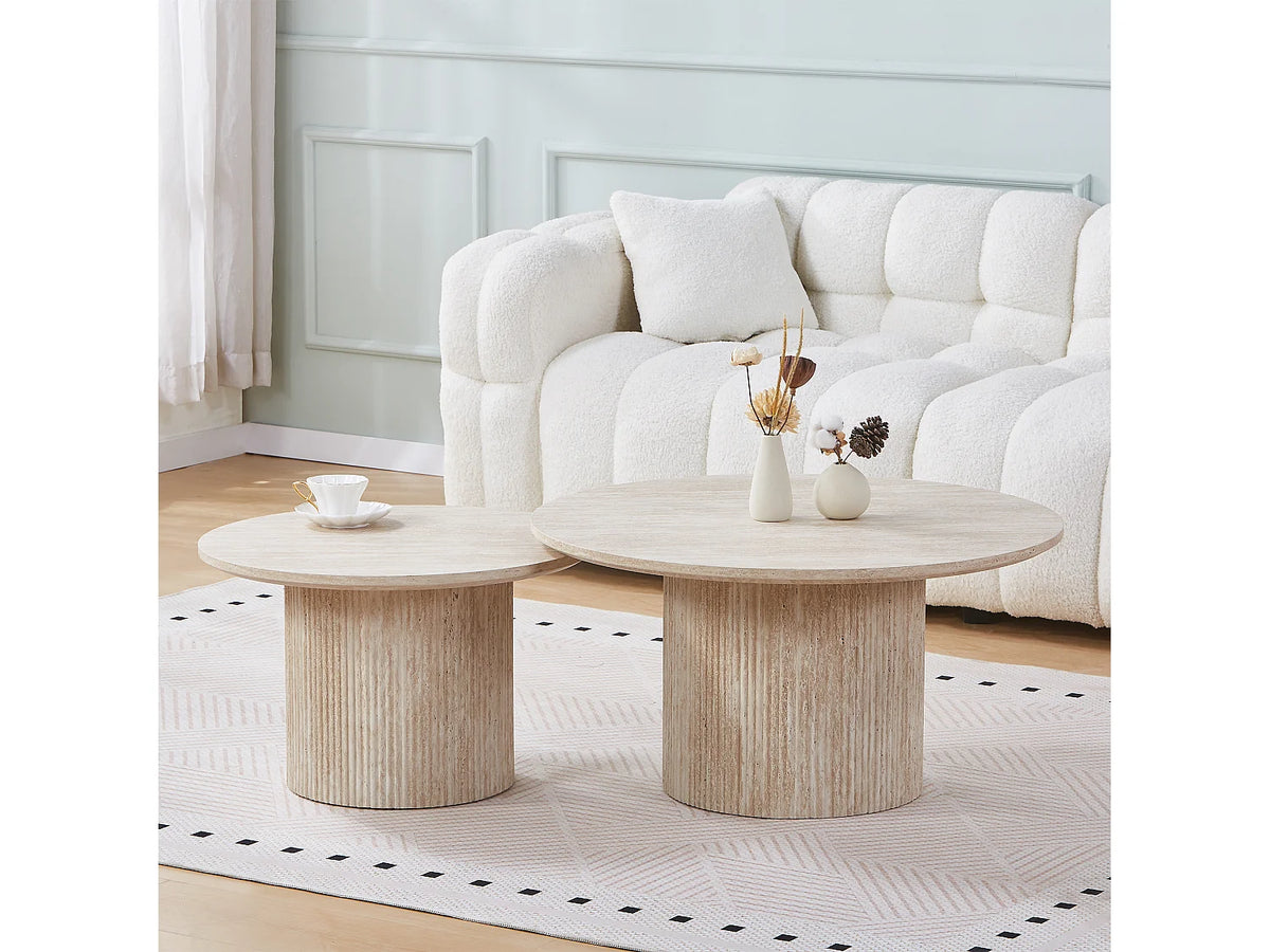 Lot de 2 tables basses Japandi gigognes rondes effet travertin beige Ø 80 cm - Esme