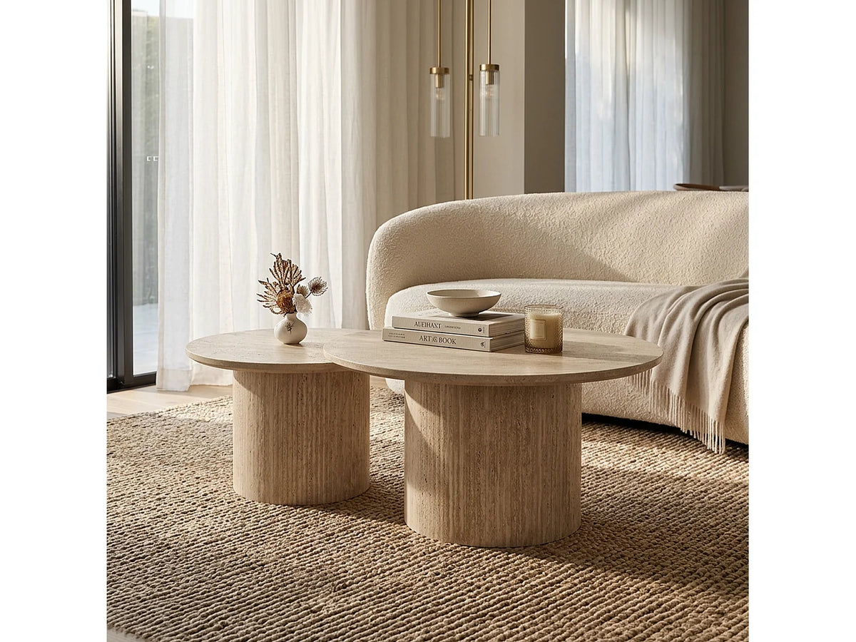 Lot de 2 tables basses Japandi gigognes rondes effet travertin beige Ø 80 cm - Esme