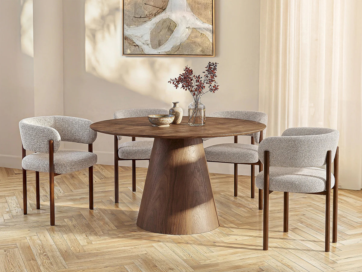 Table à manger ronde Japandi 4 personnes placage noyer naturel foncé Ø 120 cm - Antaliza