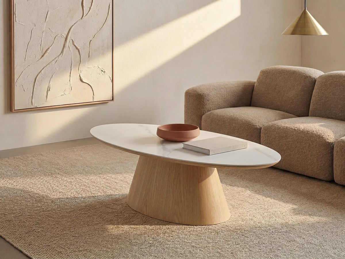 Table basse Japandi ovale en céramique effet marbre blanc et chêne 120 x 60 cm - Antelada