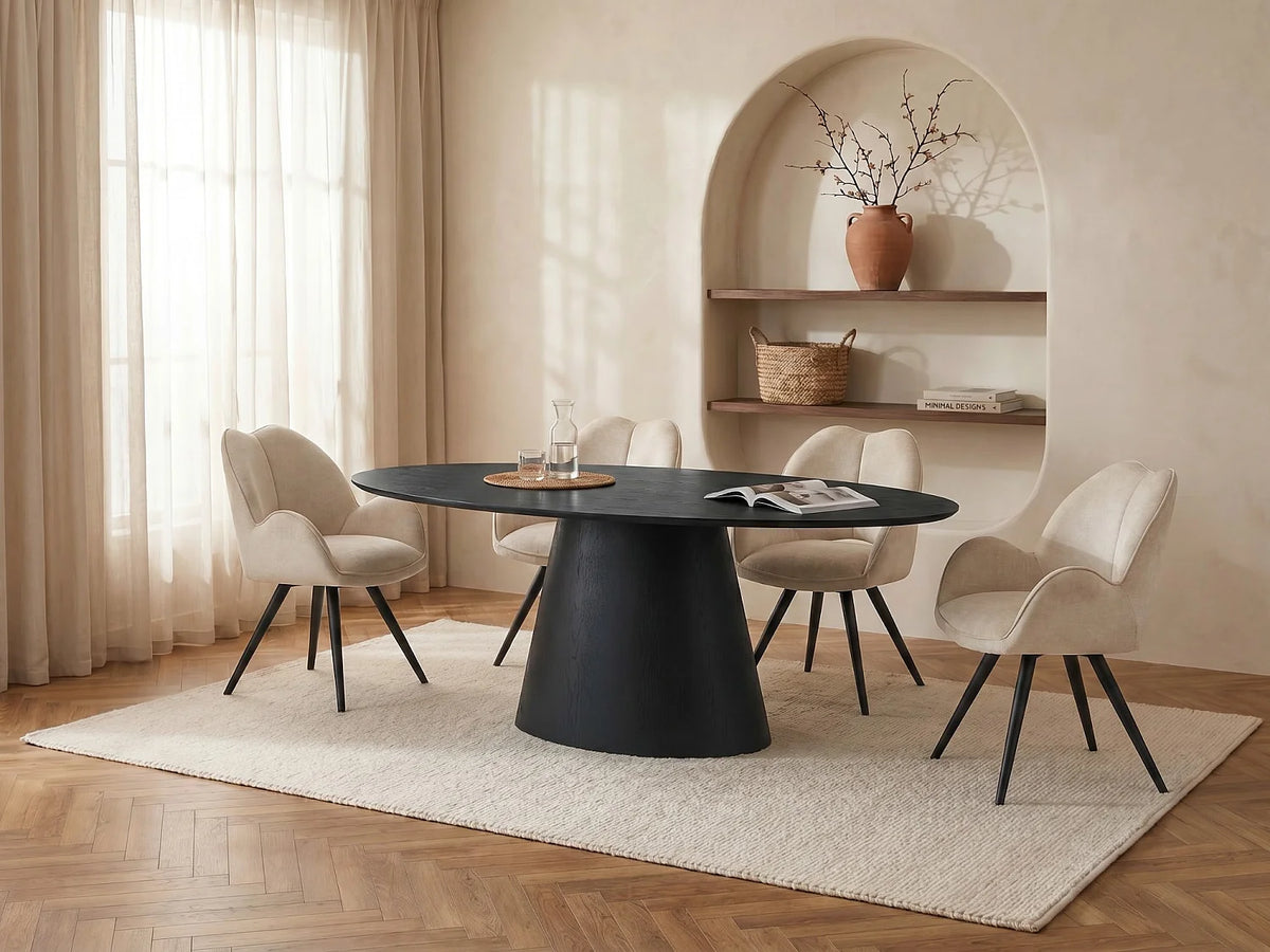 Table à manger ovale Japandi 6 personnes placage de frêne noir 160 x 90 cm - Antelada