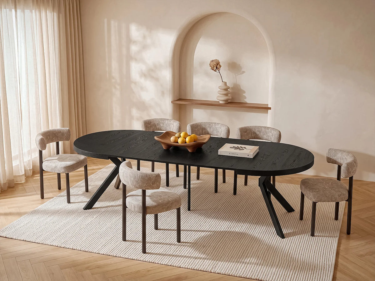 Table à manger Japandi extensible 6 à 12 personnes en MDF et acier noir 150 x 120 cm - Komoni