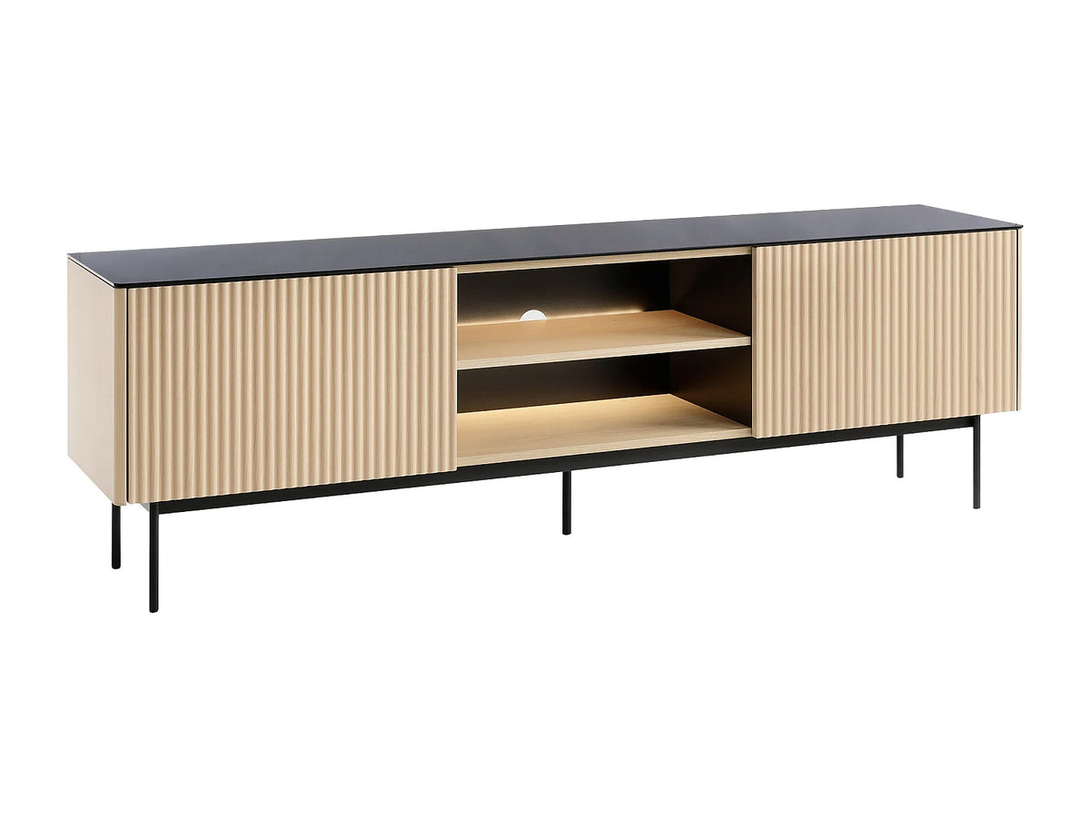 Meuble TV Japandi 2 portes et niches LED en MDF et verre fumé naturel et noir 180 x 57 cm - Sayera