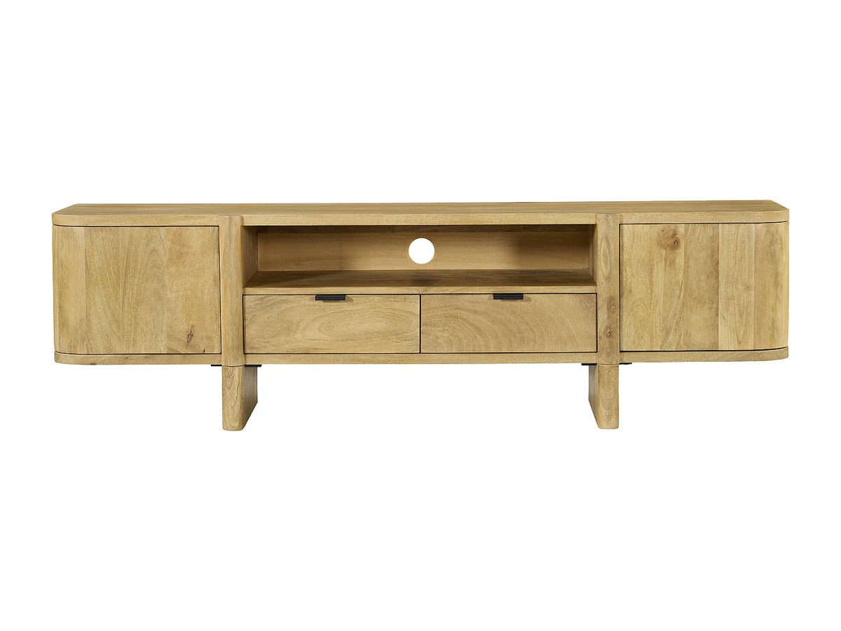 Meuble TV Japandi 2 portes 2 tiroirs et 1 niche en manguier naturel clair 175 x 50 cm - Melyran