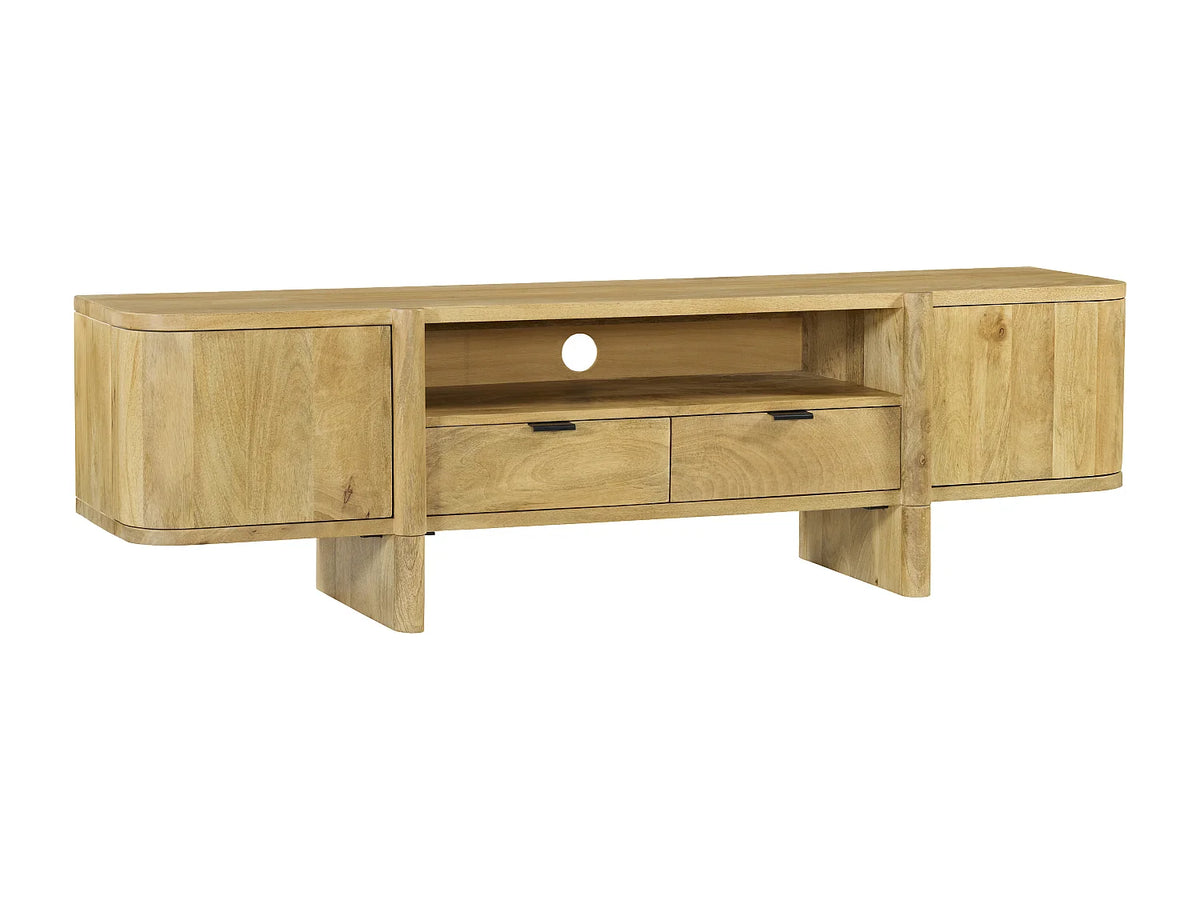 Meuble TV Japandi 2 portes 2 tiroirs et 1 niche en manguier naturel clair 175 x 50 cm - Melyran