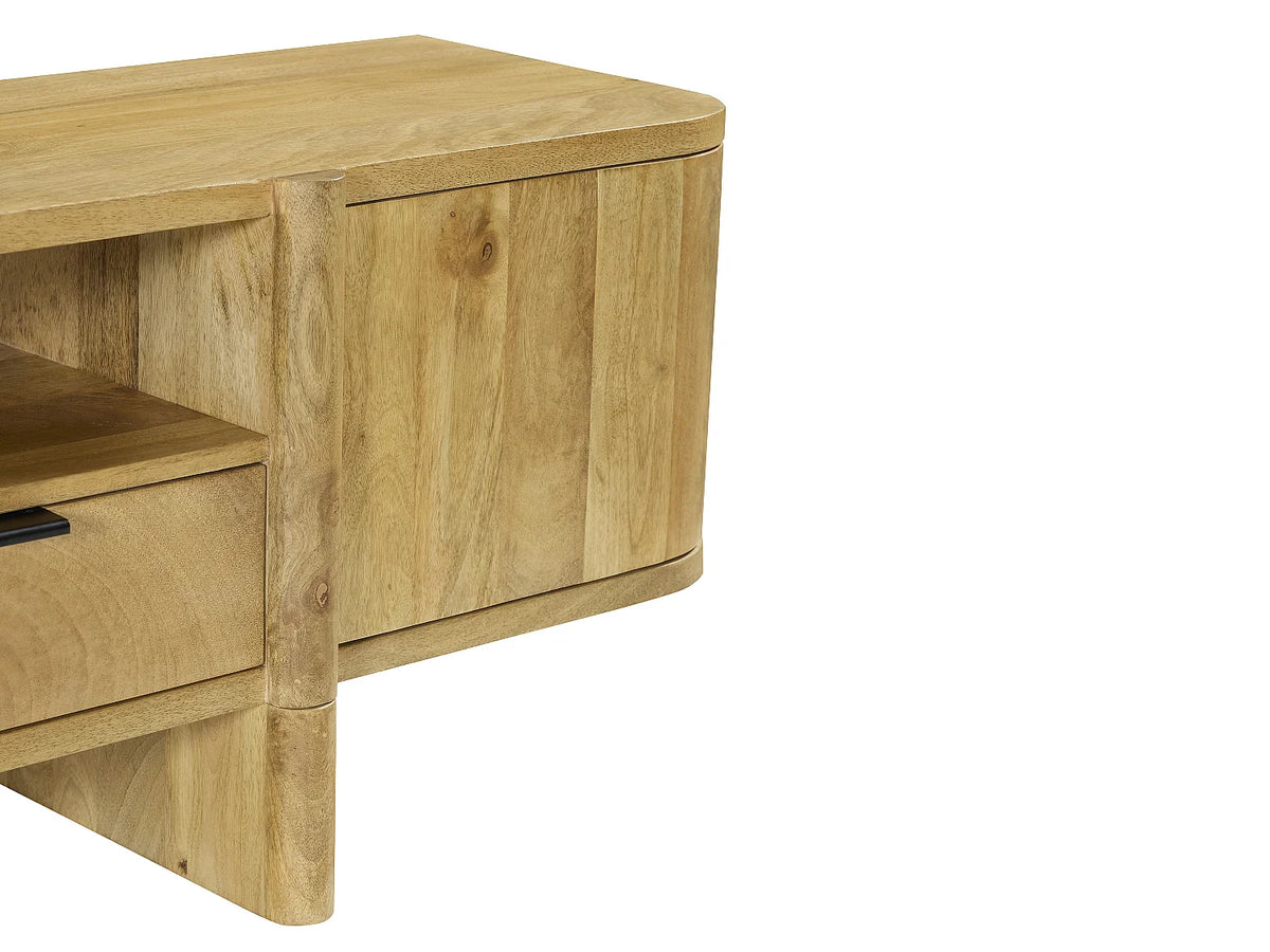 Meuble TV Japandi 2 portes 2 tiroirs et 1 niche en manguier naturel clair 175 x 50 cm - Melyran