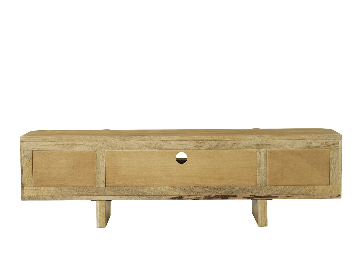 Meuble TV Japandi 2 portes 2 tiroirs et 1 niche en manguier naturel clair 175 x 50 cm - Melyran