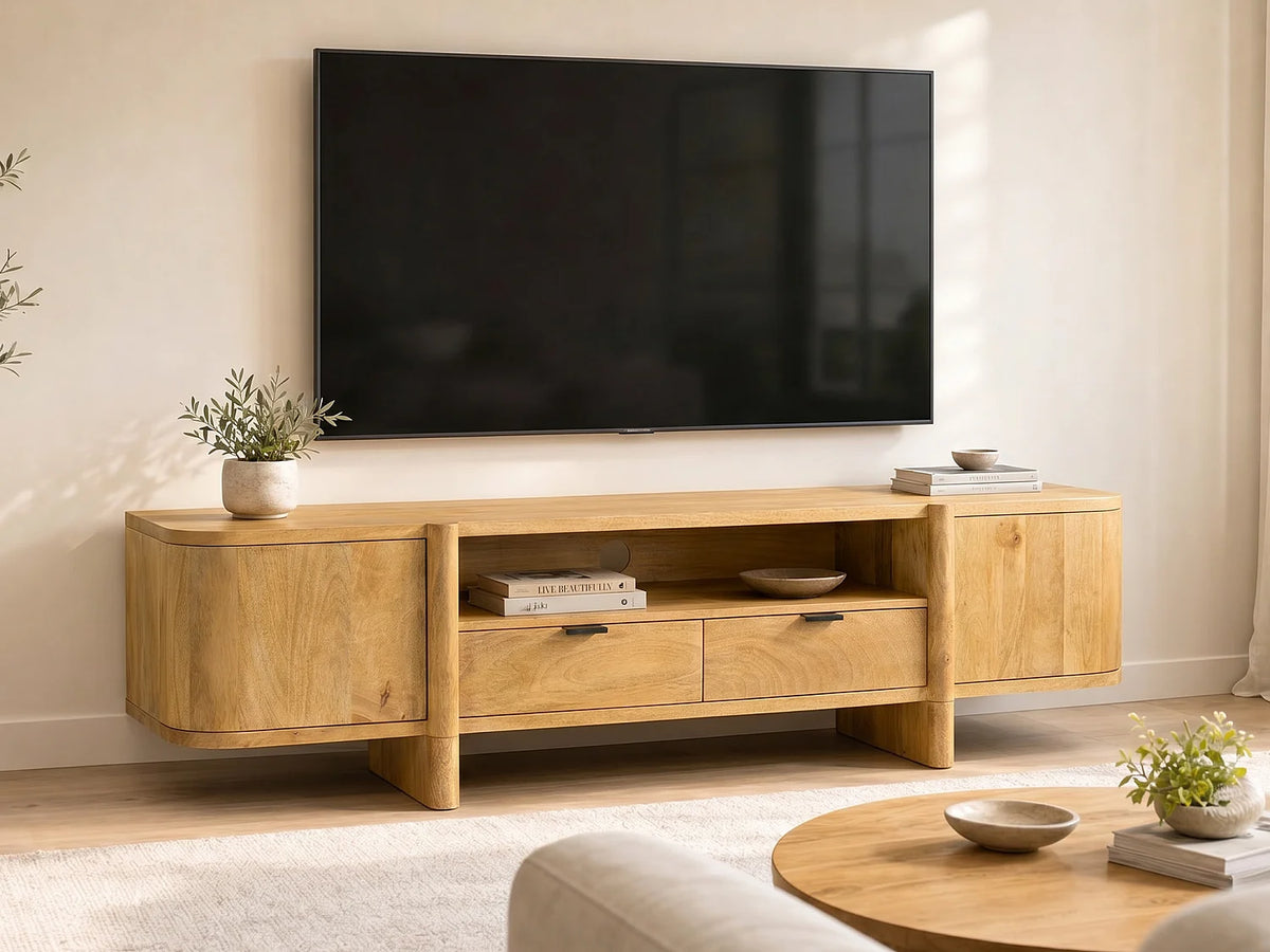 Meuble TV Japandi 2 portes 2 tiroirs et 1 niche en manguier naturel clair 175 x 50 cm - Melyran