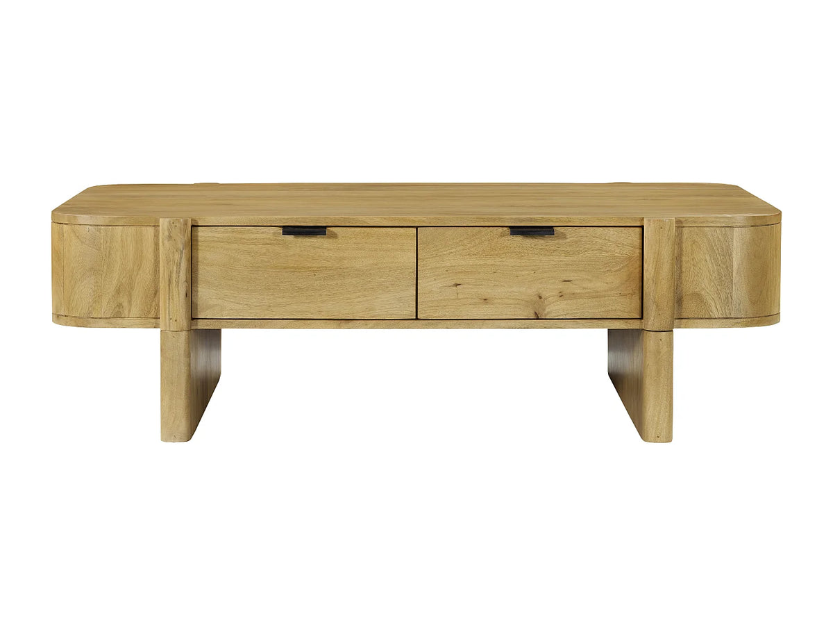 Table basse Japandi avec 2 tiroirs en bois de manguier naturel clair 120 x 70 cm - Melyran