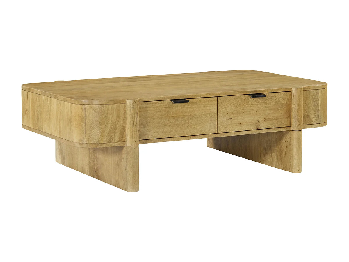 Table basse Japandi avec 2 tiroirs en bois de manguier naturel clair 120 x 70 cm - Melyran
