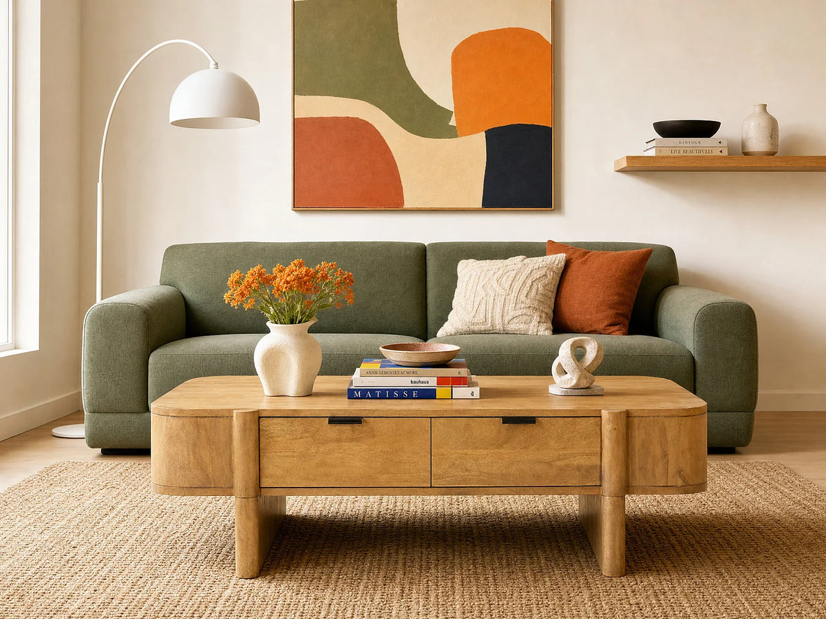 Table basse Japandi avec 2 tiroirs en bois de manguier naturel clair 120 x 70 cm - Melyran