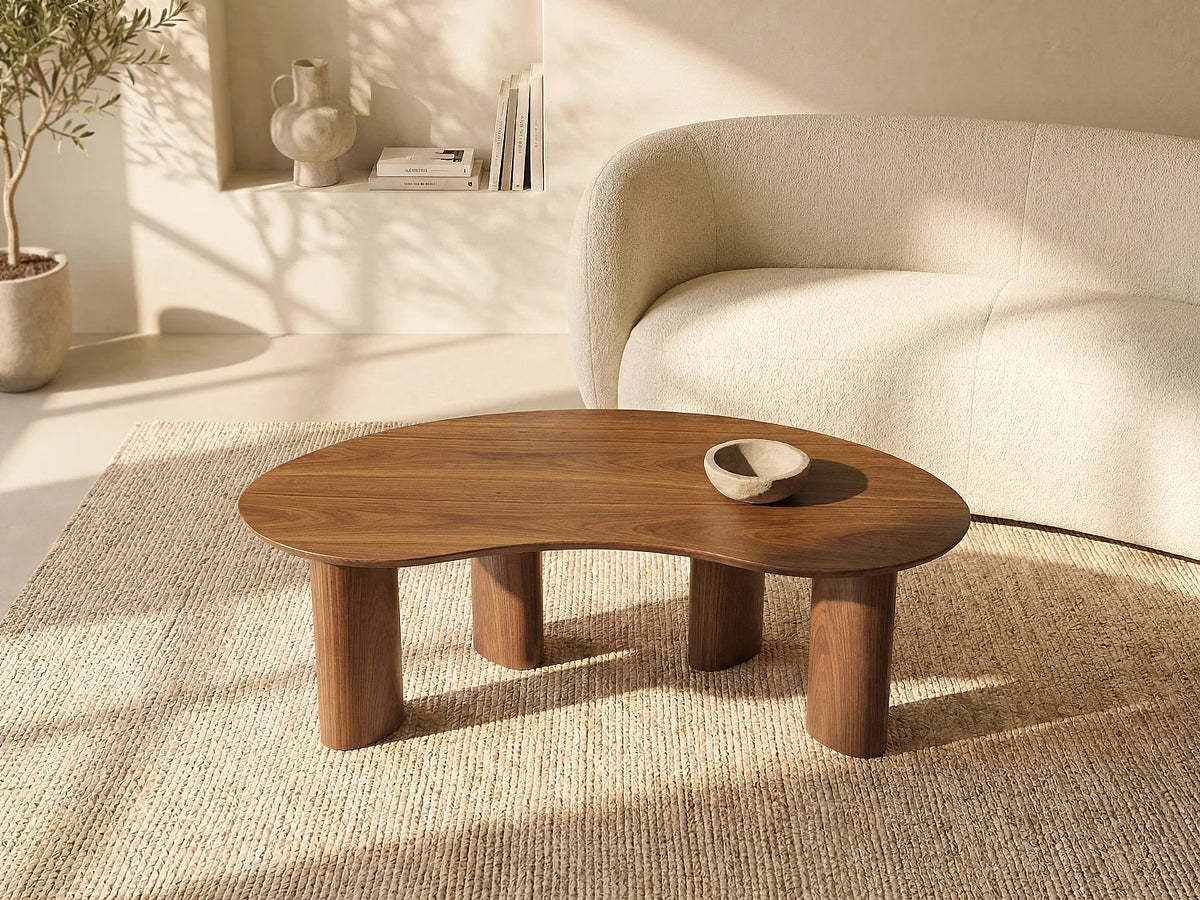 Table basse Japandi organique en placage de noyer naturel foncé 120 x 70 cm - Calynor