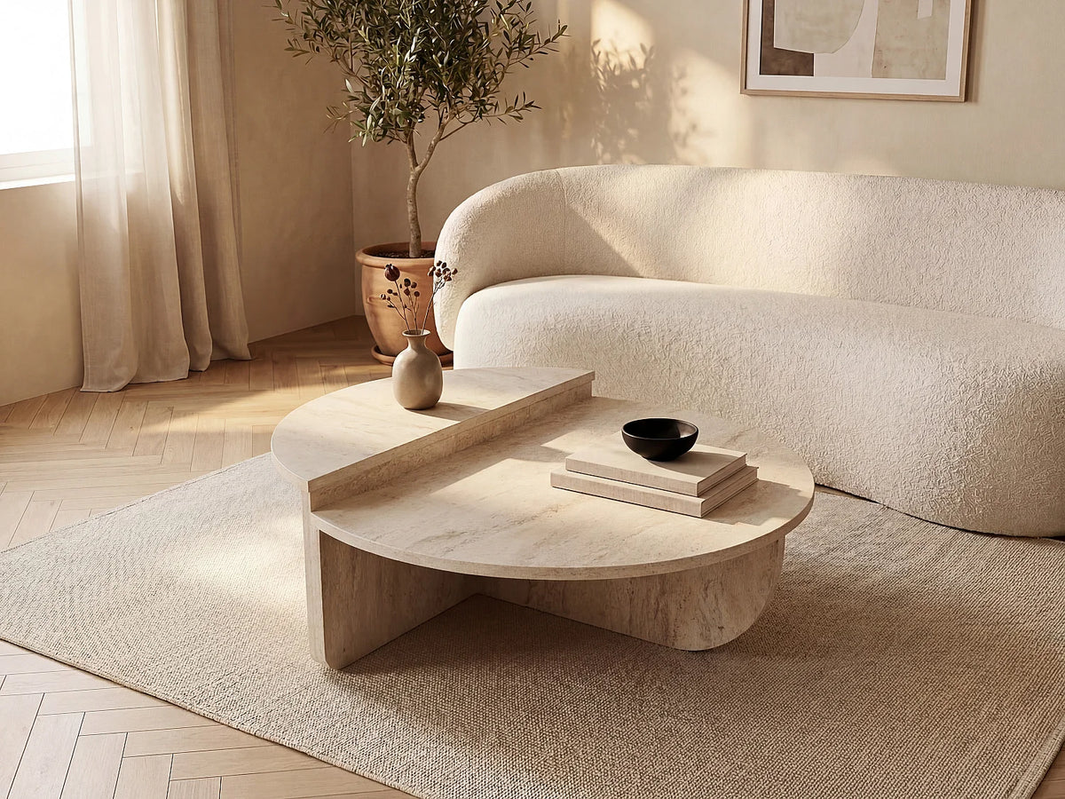 Lot de 2 tables basses Japandi asymétriques effet travertin beige 90 x 60 cm - Aloeva