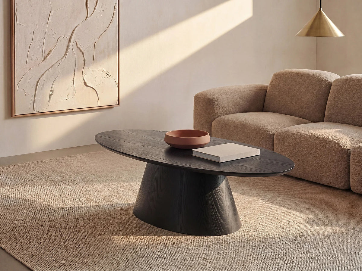 Table basse Japandi ovale en placage de frêne noir 120 x 60 cm - Antelada
