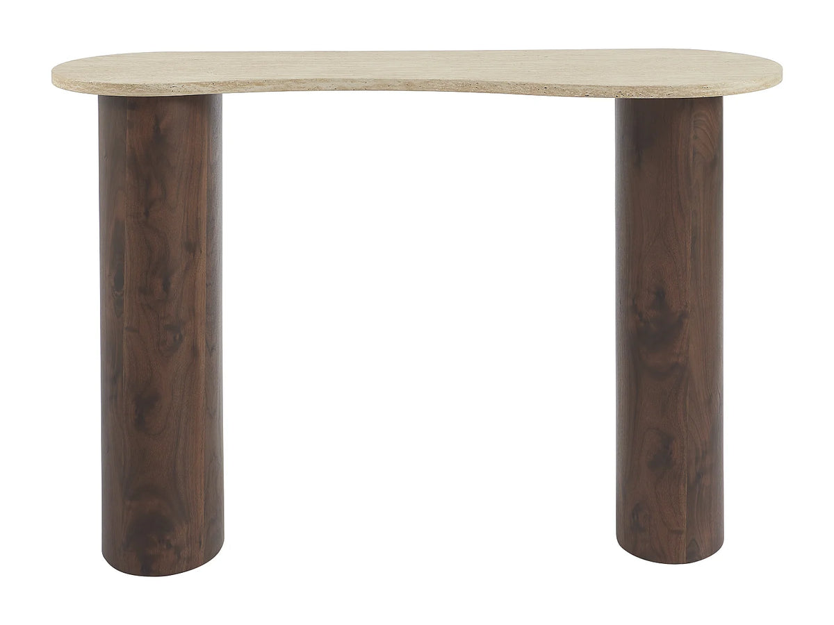 Console Japandi organique en MDF effet travertin beige et naturel foncé 120 x 80 cm - Alozya