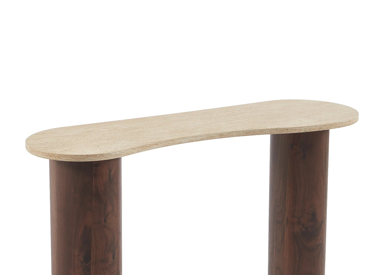 Console Japandi organique en MDF effet travertin beige et naturel foncé 120 x 80 cm - Alozya