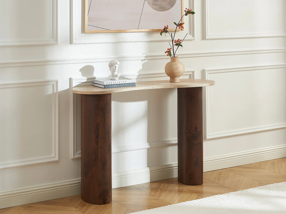 Console Japandi organique en MDF effet travertin beige et naturel foncé 120 x 80 cm - Alozya