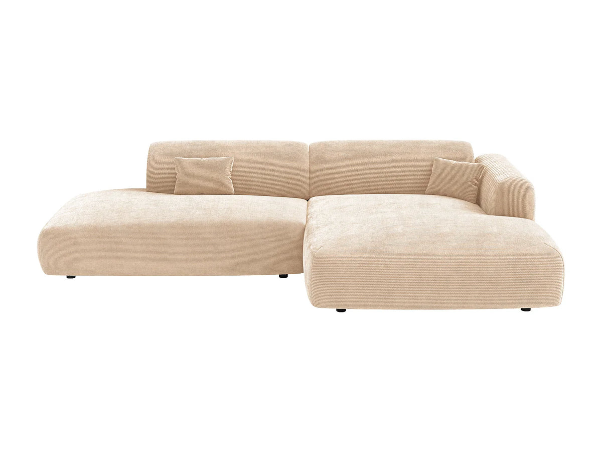 Canapé d'angle Japandi droit ouvert 5 places en velours côtelé fines côtes beige 300 cm - Pogni