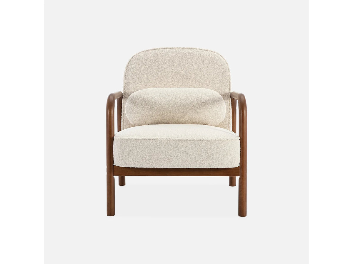 Fauteuil Japandi à dossier arrondi en bois d'hévéa et bouclette crème - Amelie
