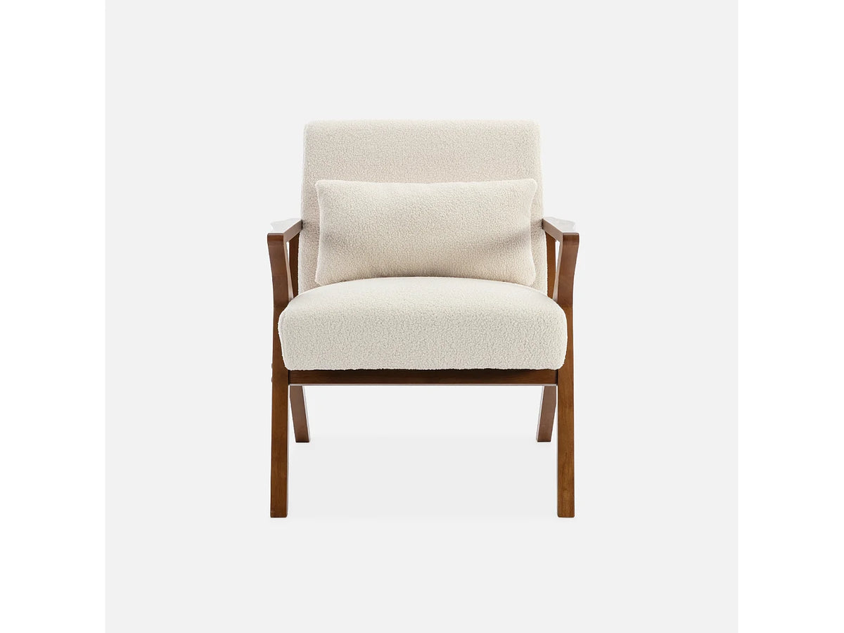 Fauteuil Japandi en bois d'hévéa et bouclette crème - Antoine