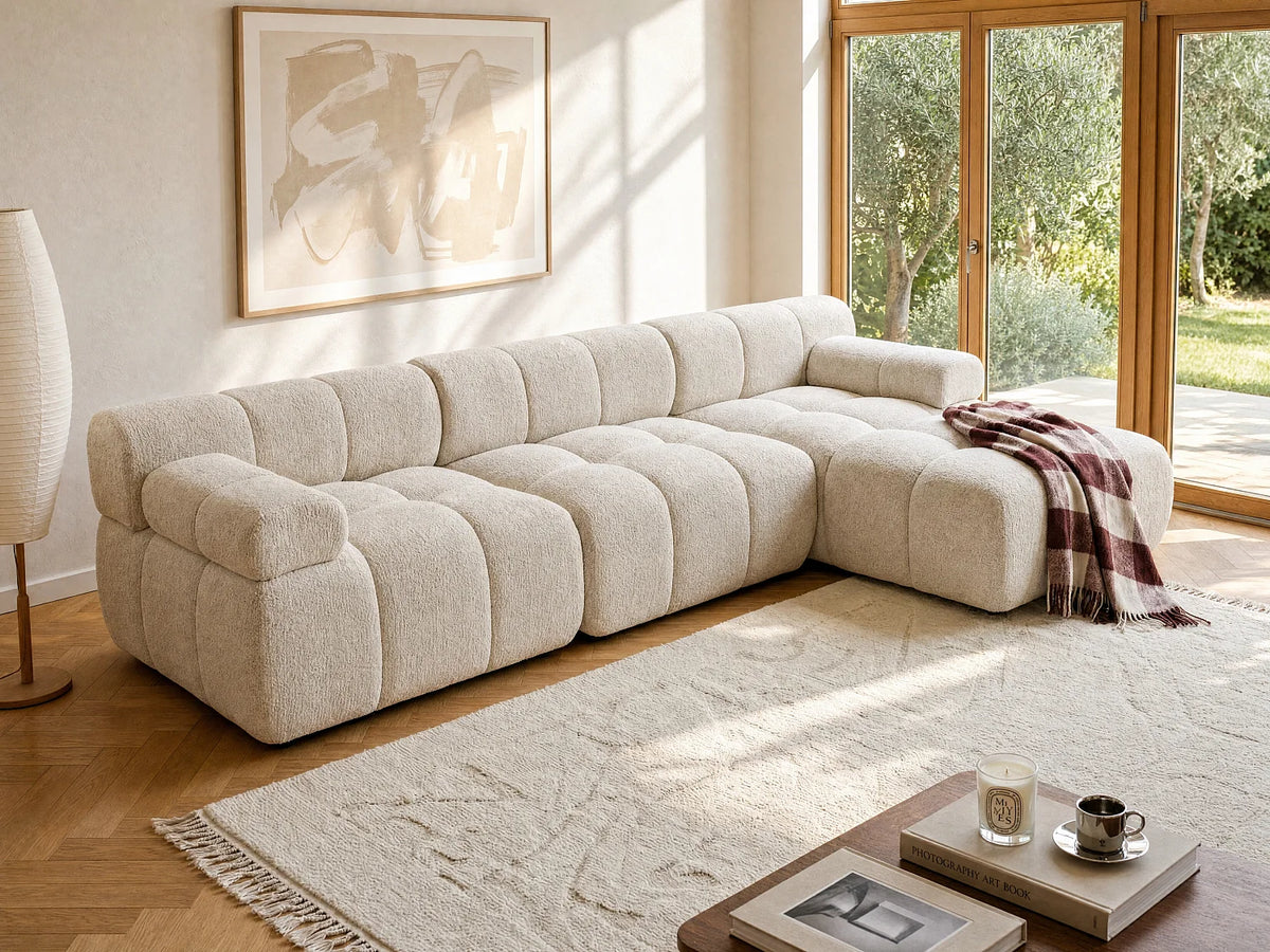 Canapé d'angle Japandi droit modulable 5 places en tissu chiné beige 282 cm - Facivil
