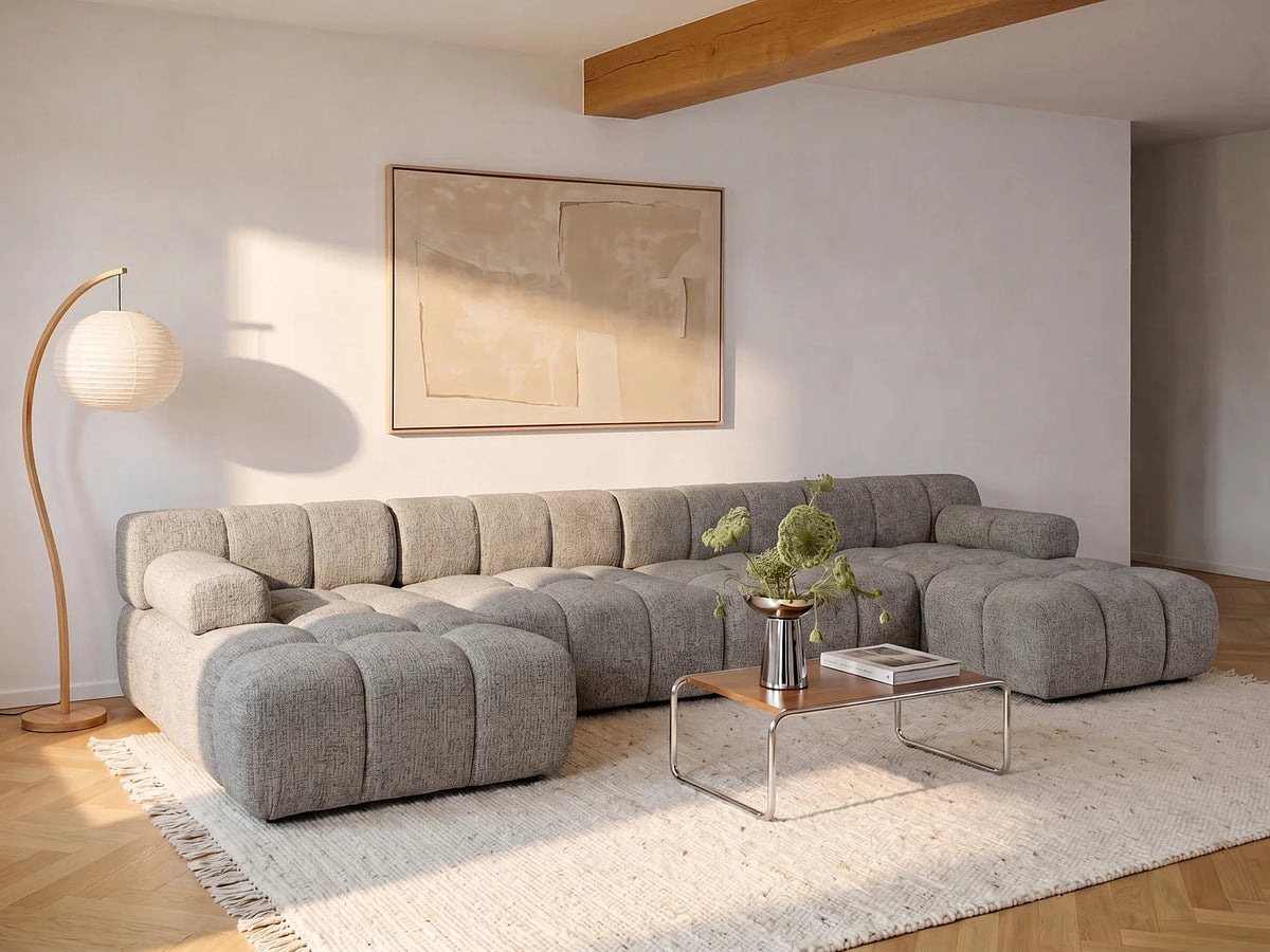 Canapé d'angle Japandi panoramique modulable 7 places en tissu chiné taupe 376 cm - Facivil