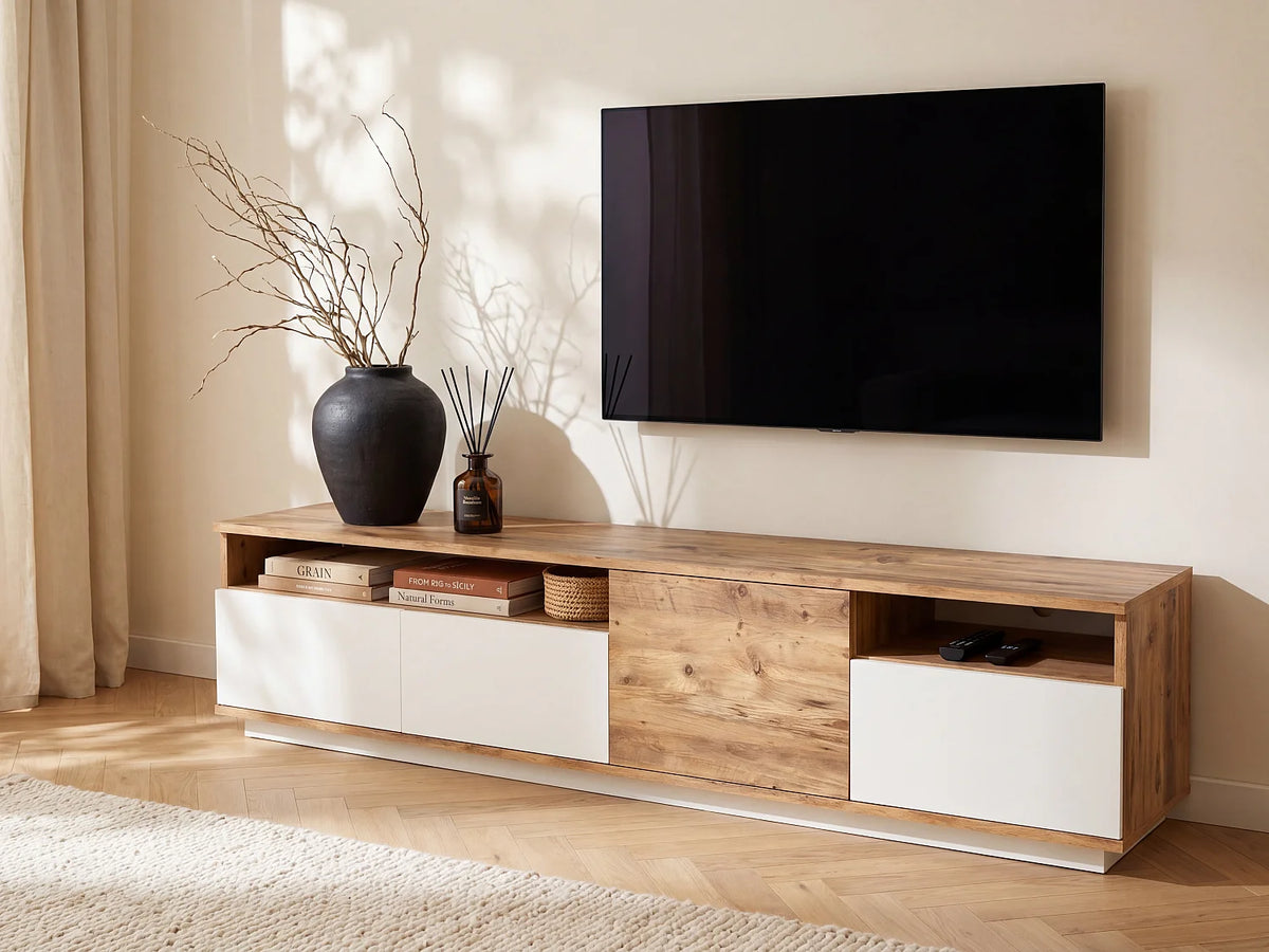 Meuble TV Japandi 4 portes et 2 étagères naturel clair et blanc 180 x 44,6 cm - Cedona