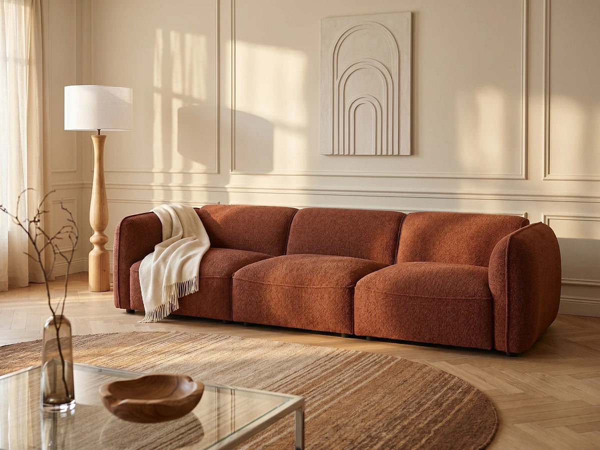 Canapé Japandi modulable 3 places en tissu chenille terracotta 271 cm - Camilio