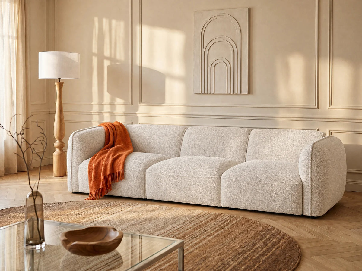 Canapé Japandi modulable 3 places en tissu chenille beige 271 cm - Camilio