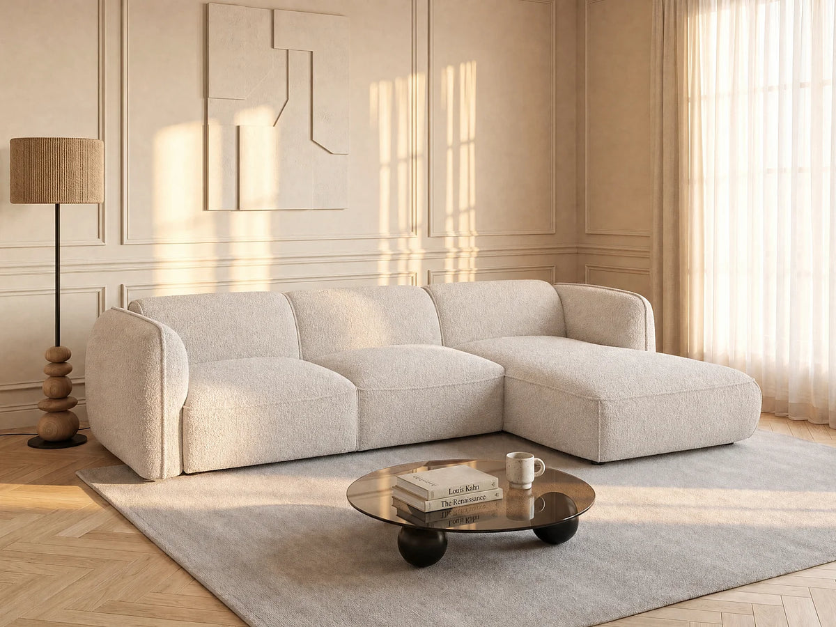 Canapé d'angle Japandi droit modulable en tissu chenille beige 280 cm - Camilio