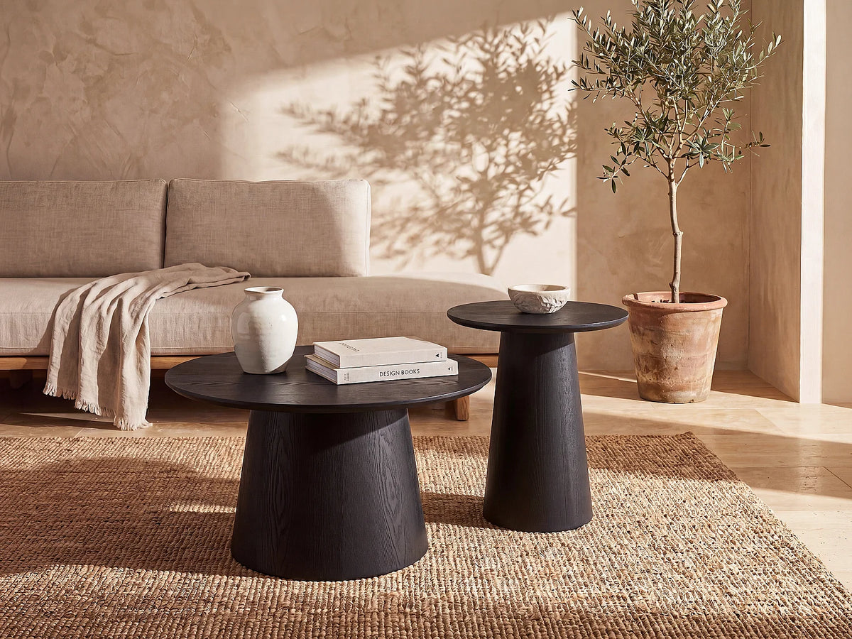 Tables basses gigognes Japandi rondes en placage chêne noir Ø 70 cm - Piari