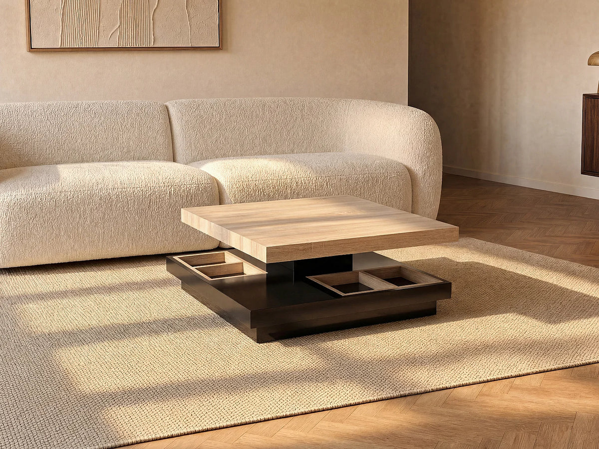 Table basse Japandi carrée à plateau pivotant en MDF laqué noir et naturel 80 x 80 cm - Fausto