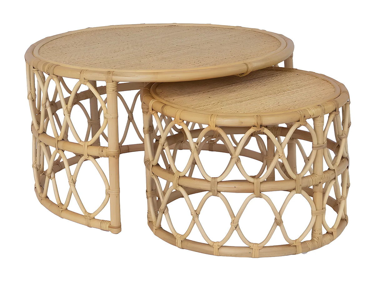 Lot de 2 tables basses Japandi gigognes rondes en rotin tressé naturel Ø 80 cm - Ronita
